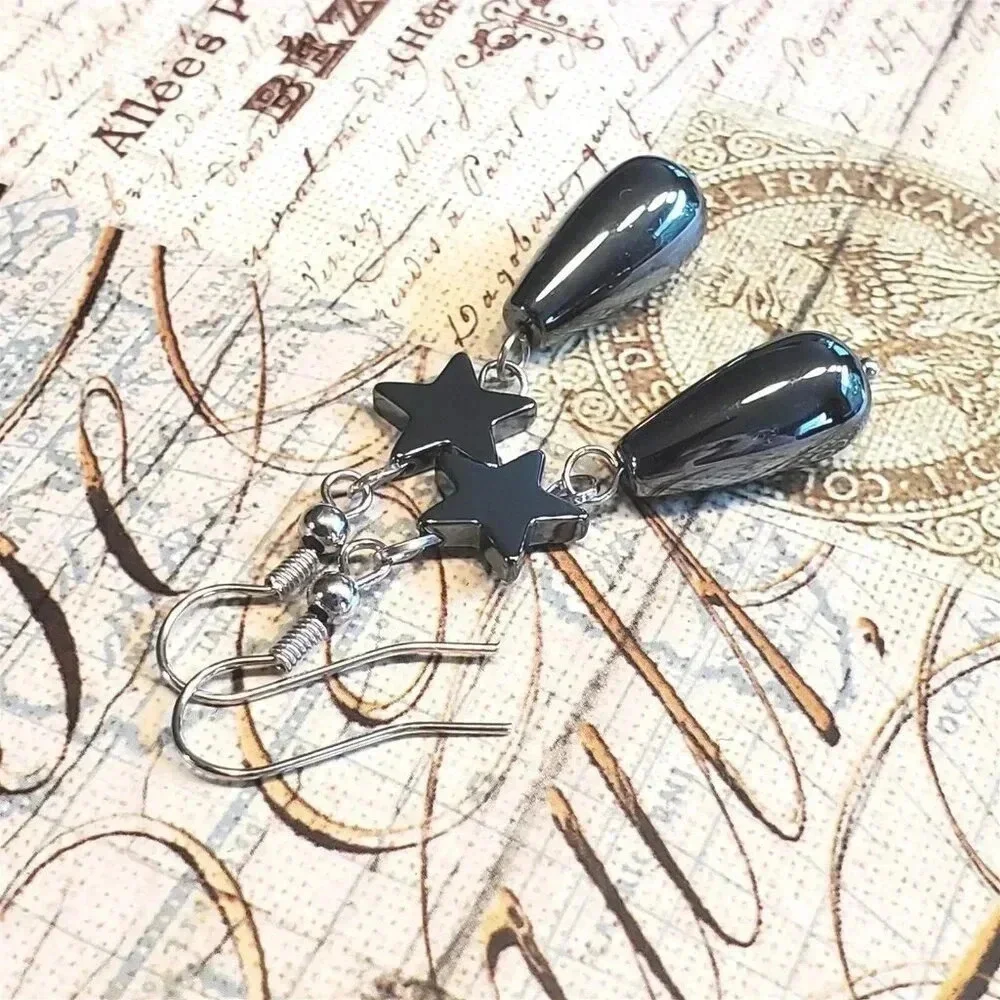 Gunmetal Gray Hematite Stars and Teardrops Gemstone Stainless Steel Earrings
